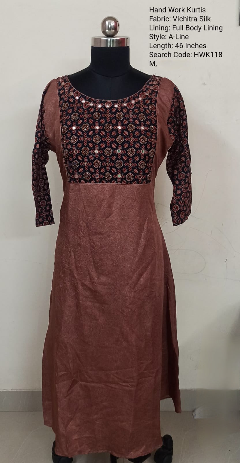 Brown Silk Cotton A-Line  Kurti -Chest to Hip Difference 2 Inches - HWK118