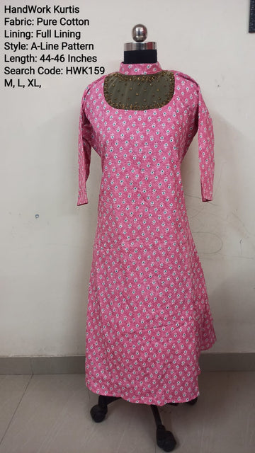 Pink Cotton A-Line  Kurti -Chest to Hip Difference 2 Inches - HWK159