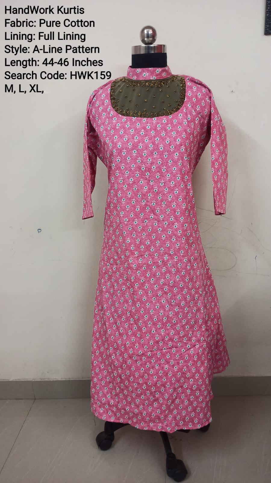 Pink Cotton A-Line  Kurti -Chest to Hip Difference 2 Inches - HWK159