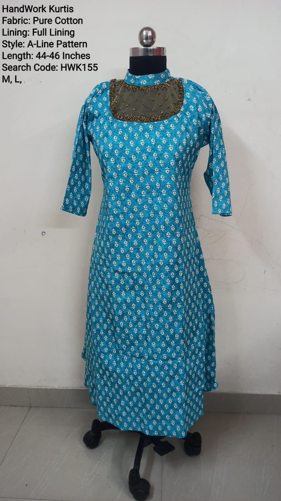 Blue Cotton A-Line  Kurti -Chest to Hip Difference 2 Inches - HWK155