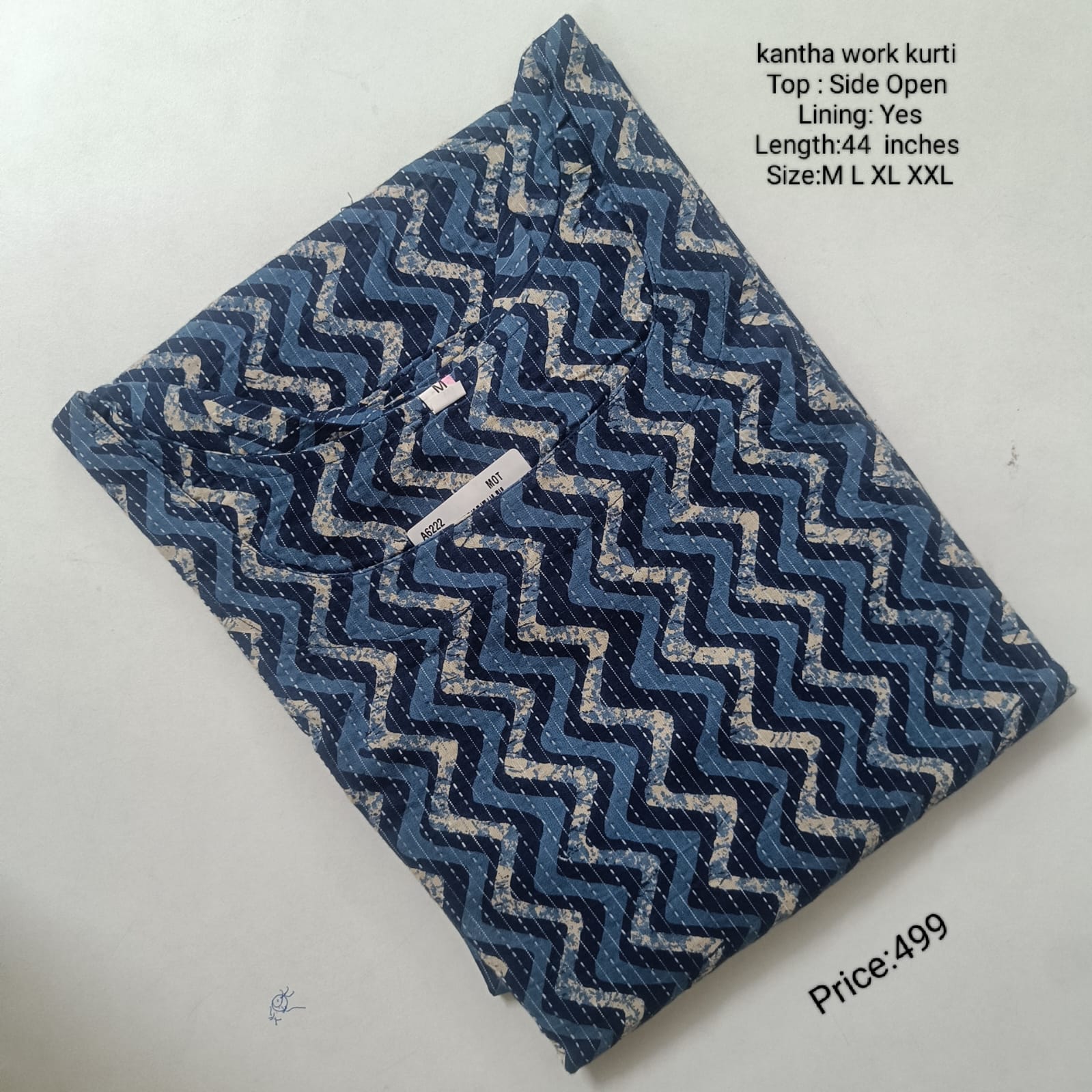 Blue  Kantha Cotton Side Open Kurti With Lining - Chest to Hip Difference 2 Inches - KWK001