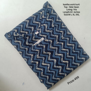 Blue  Kantha Cotton Side Open Kurti With Lining - Chest to Hip Difference 2 Inches - KWK001