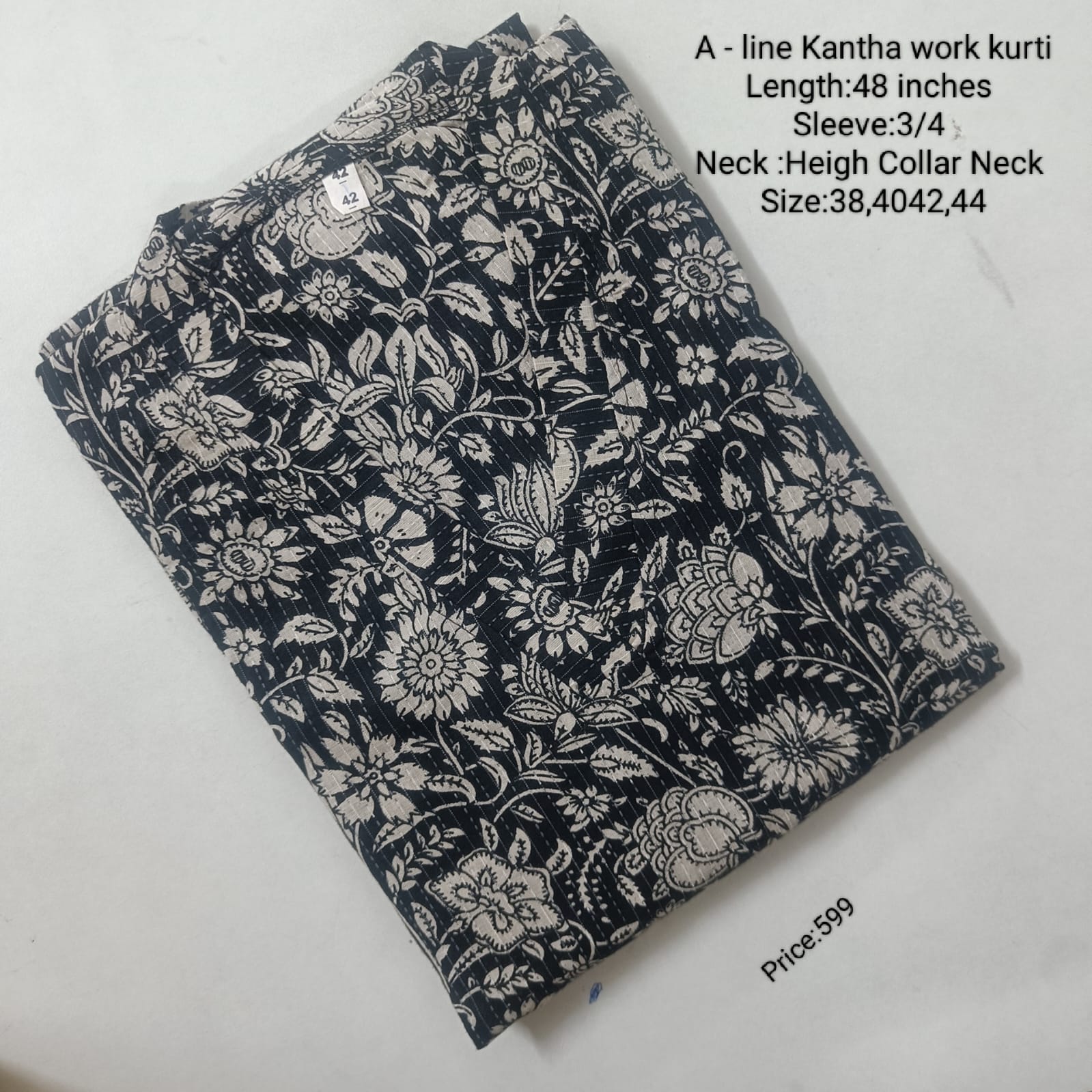 Black Cotton Aline Kurti -Chest to Hip Difference 2 Inches -KWK002