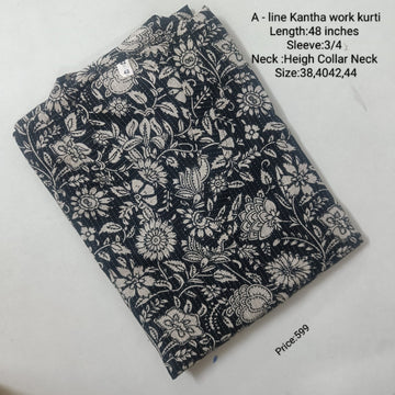 Black Cotton Aline Kurti -Chest to Hip Difference 2 Inches -KWK002