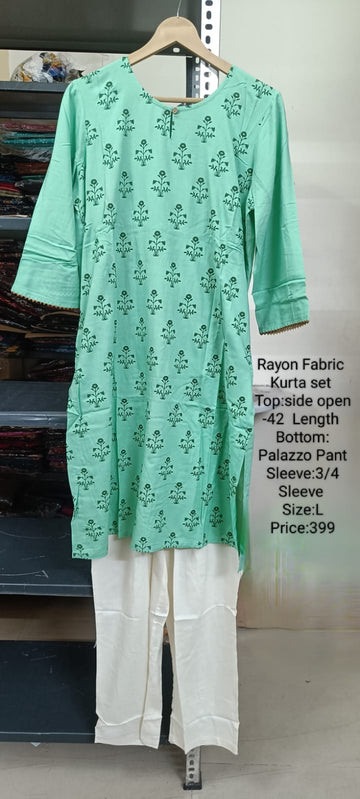Green Rayon Kurta Set Without Lining -Chest to Hip Difference 2 Inches - RFTB007