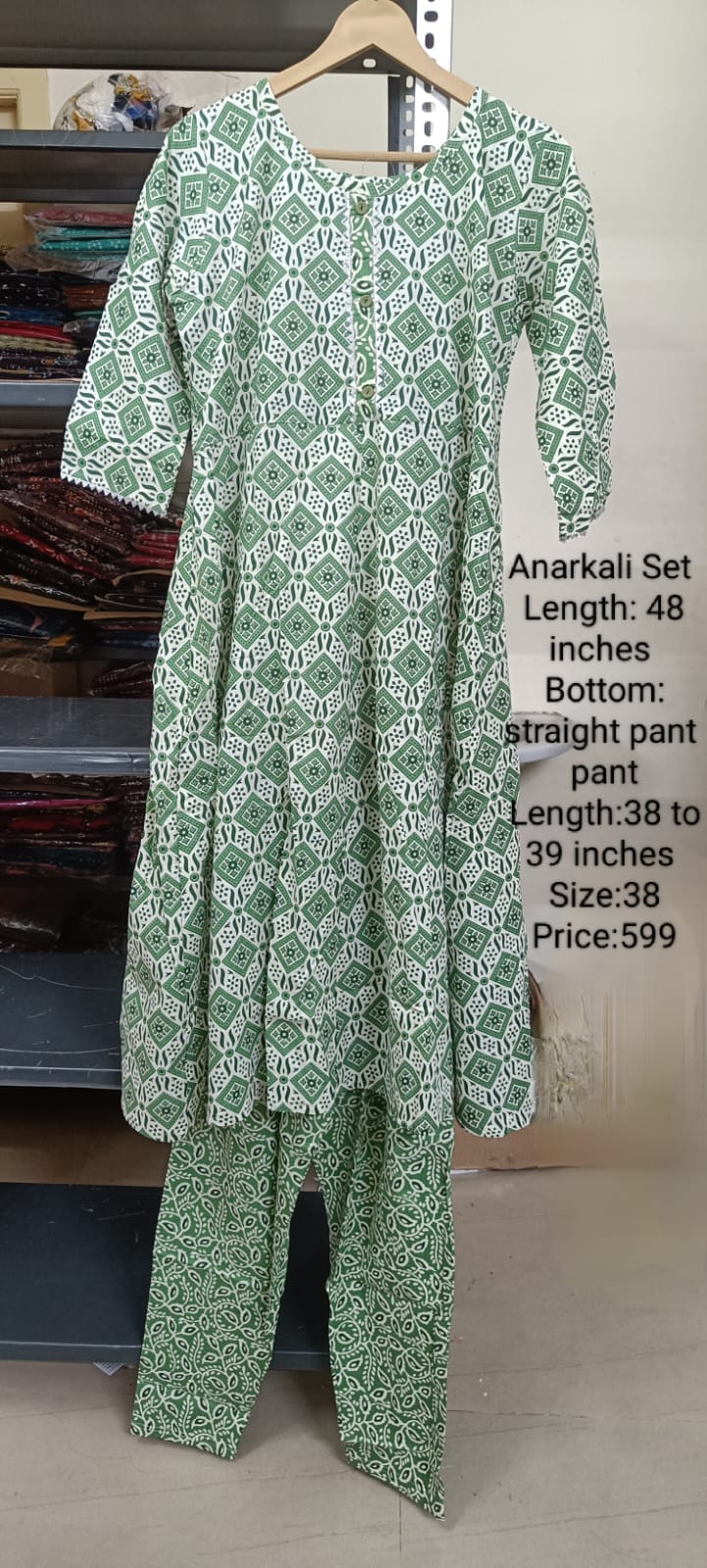 Green Cotton Anarkali Kurta Set Without Lining -Chest to Hip Difference 2 Inches - RFTB008