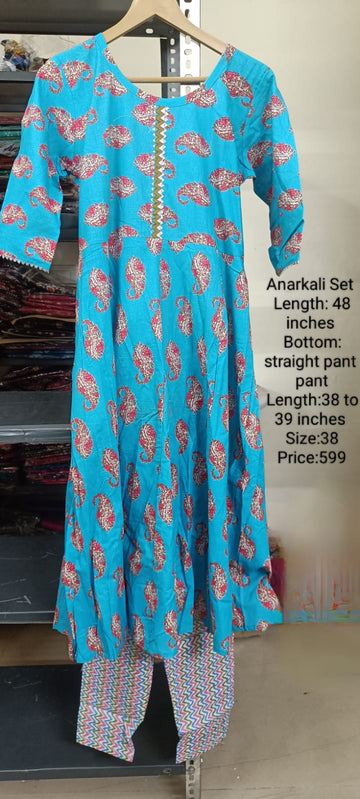 Blue Cotton Anarkali Kurta Set Without Lining -Chest to Hip Difference 2 Inches - RFTB010