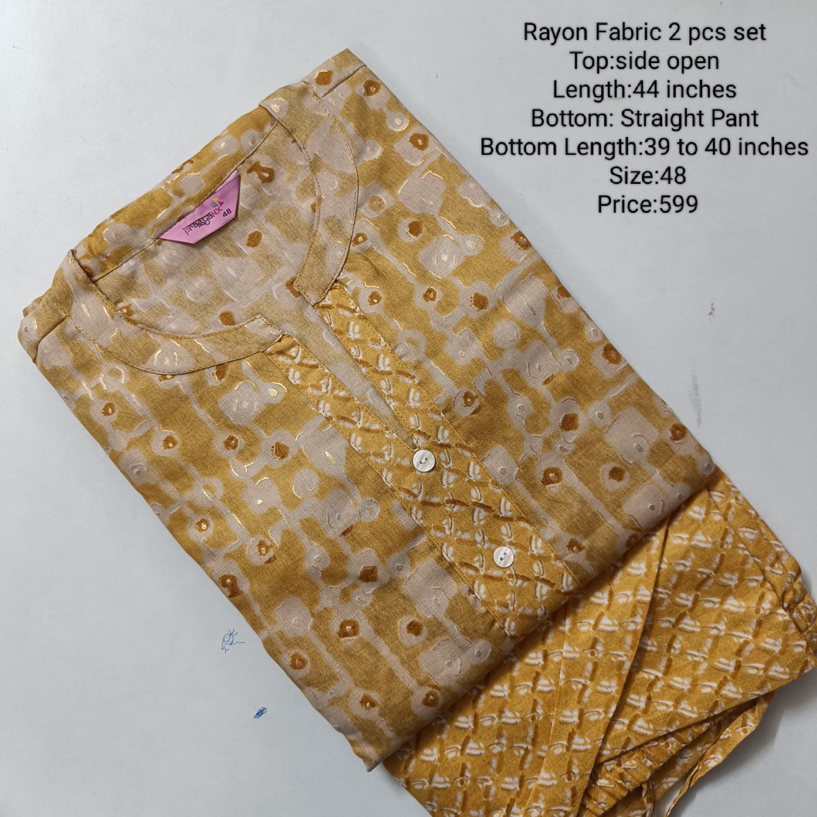 Yellow  Rayon Kurta Set Without Lining -Chest to Hip Difference 2 Inches - RFTB003