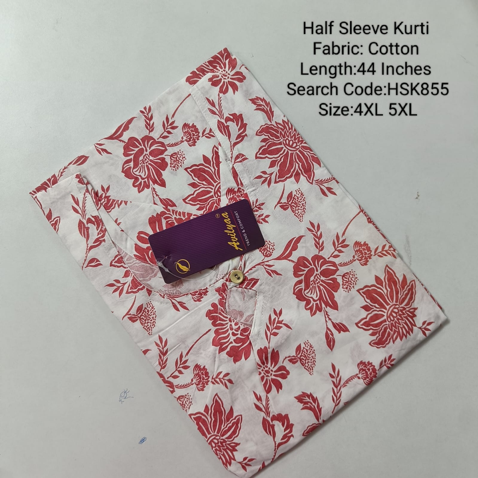 White Cotton Half Sleeve  Side Open Kurtis -HSK855