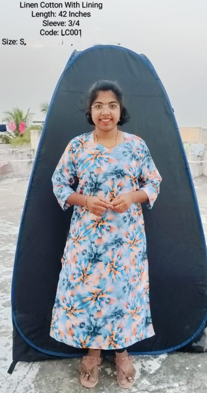 Blue Linen Cotton  Side Open Kurti With Lining -LC001