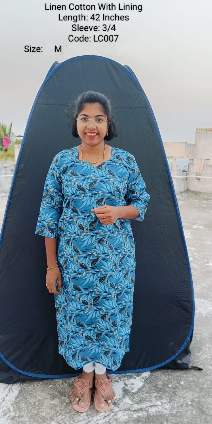 Blue  Linen Cotton  Side Open Kurti With Lining -LC007