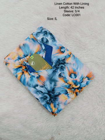 Blue Linen Cotton  Side Open Kurti With Lining -LC001