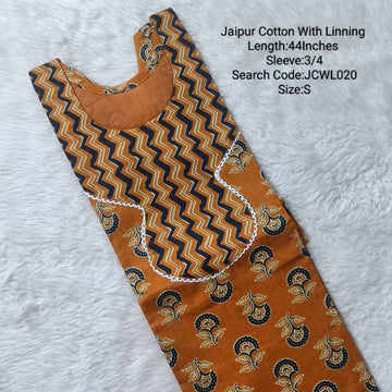 Orange Jaipur Cotton Cotton  Side Open Kurti With Lining -JCWL020