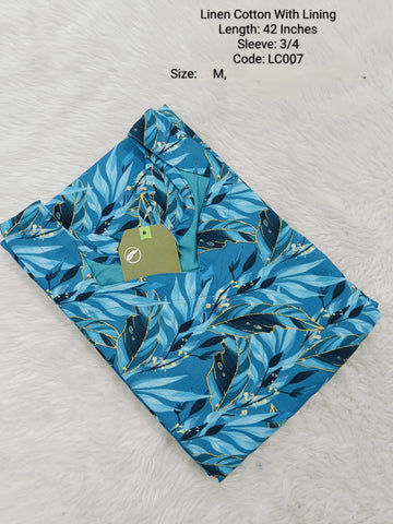 Blue  Linen Cotton  Side Open Kurti With Lining -LC007