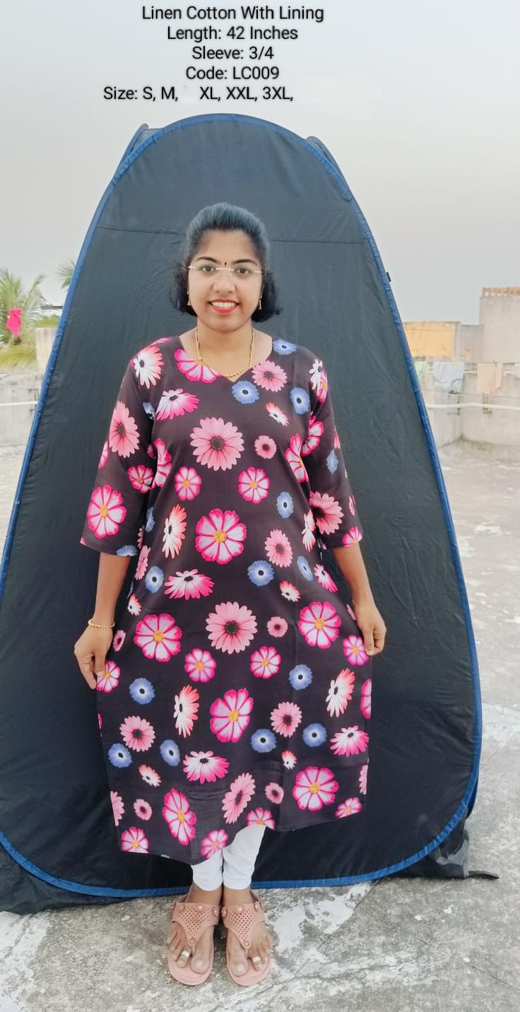 Black  Linen Cotton  Side Open Kurti With Lining -LC009