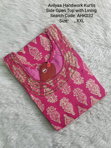 Pink  Avilya Handwork Side Open Kurti With Lining - AHK032
