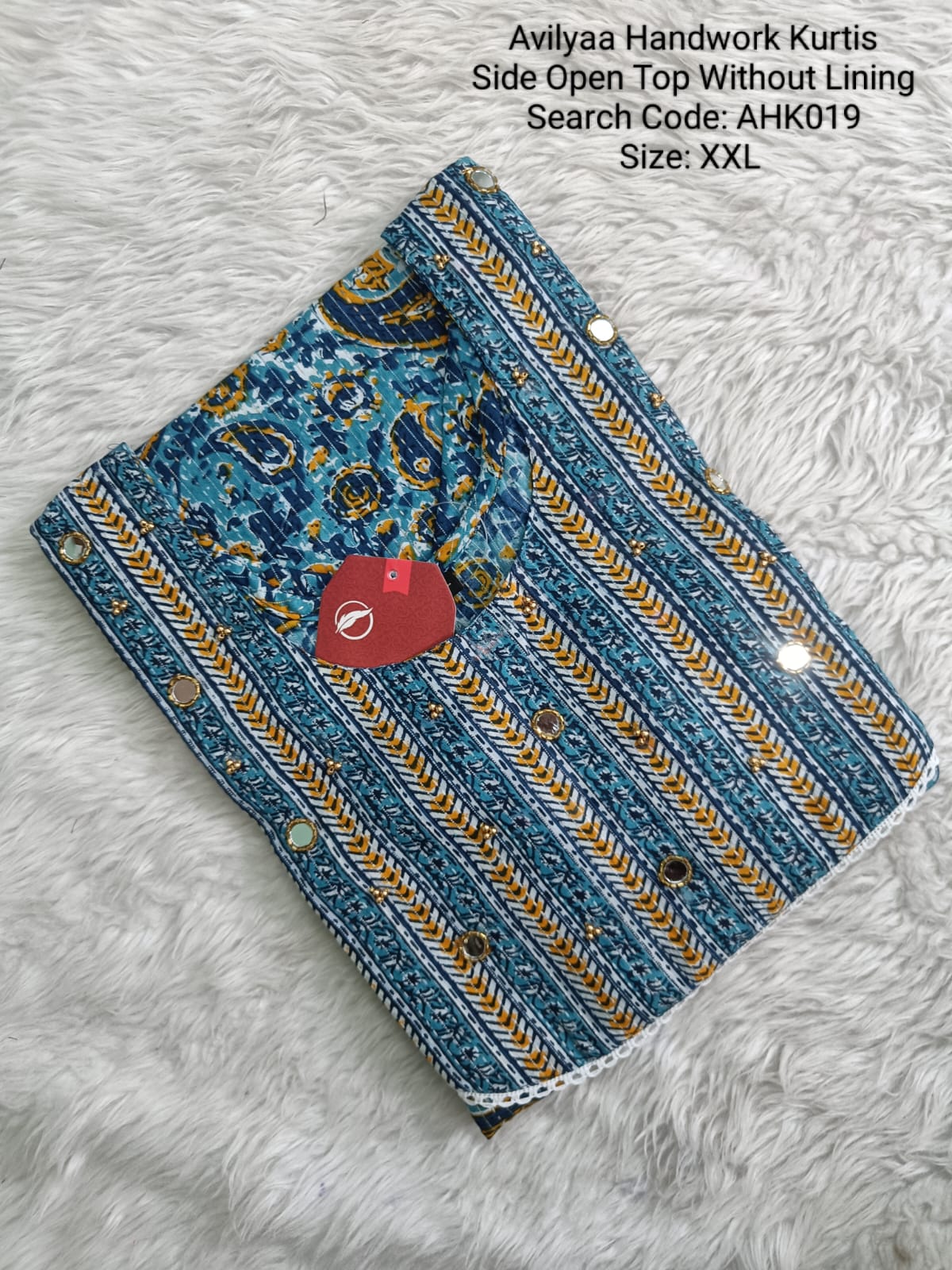 Blue  Avilya Handwork Side Open Kurti With Lining - AHK019