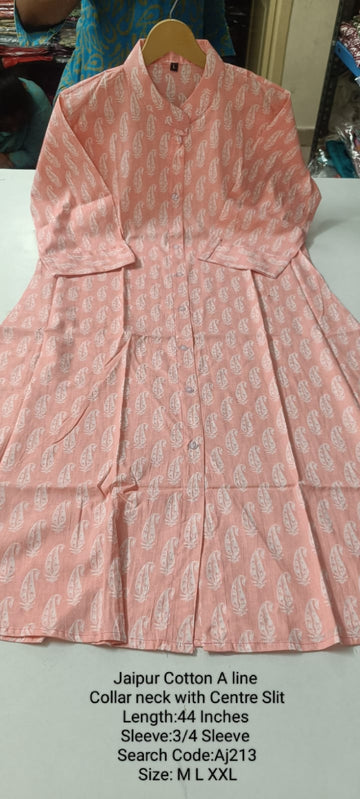 Light Orange  Jaipur Cotton A-Line Collar Neck Centre Slit Kurtis - AJ213