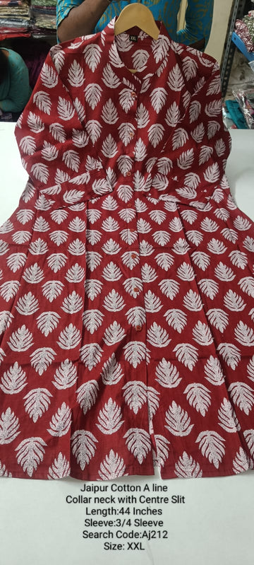 Maroon Jaipur Cotton A-Line Collar Neck Centre Slit Kurtis - AJ212