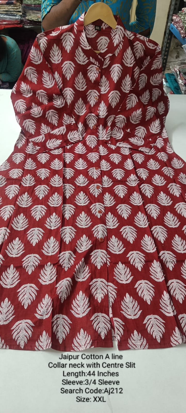 Maroon Jaipur Cotton A-Line Collar Neck Centre Slit Kurtis - AJ212