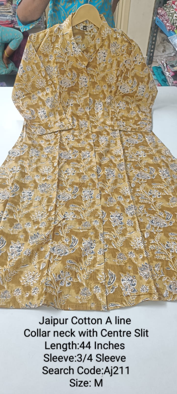 Yellow Jaipur Cotton A-Line Collar Neck Centre Slit Kurtis - AJ211