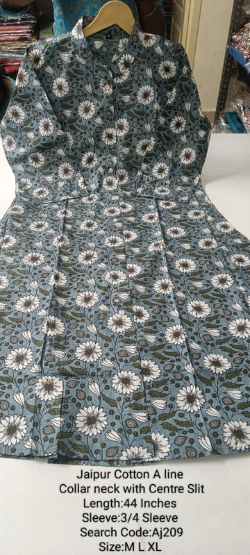 Grey Jaipur Cotton A-Line Collar Neck Centre Slit Kurtis - AJ209