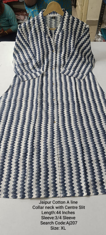 Blue Jaipur Cotton A-Line Collar Neck Centre Slit  Kurtis - AJ207