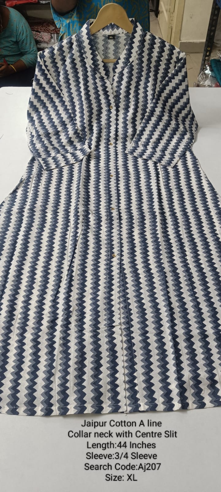 Blue Jaipur Cotton A-Line Collar Neck Centre Slit  Kurtis - AJ207