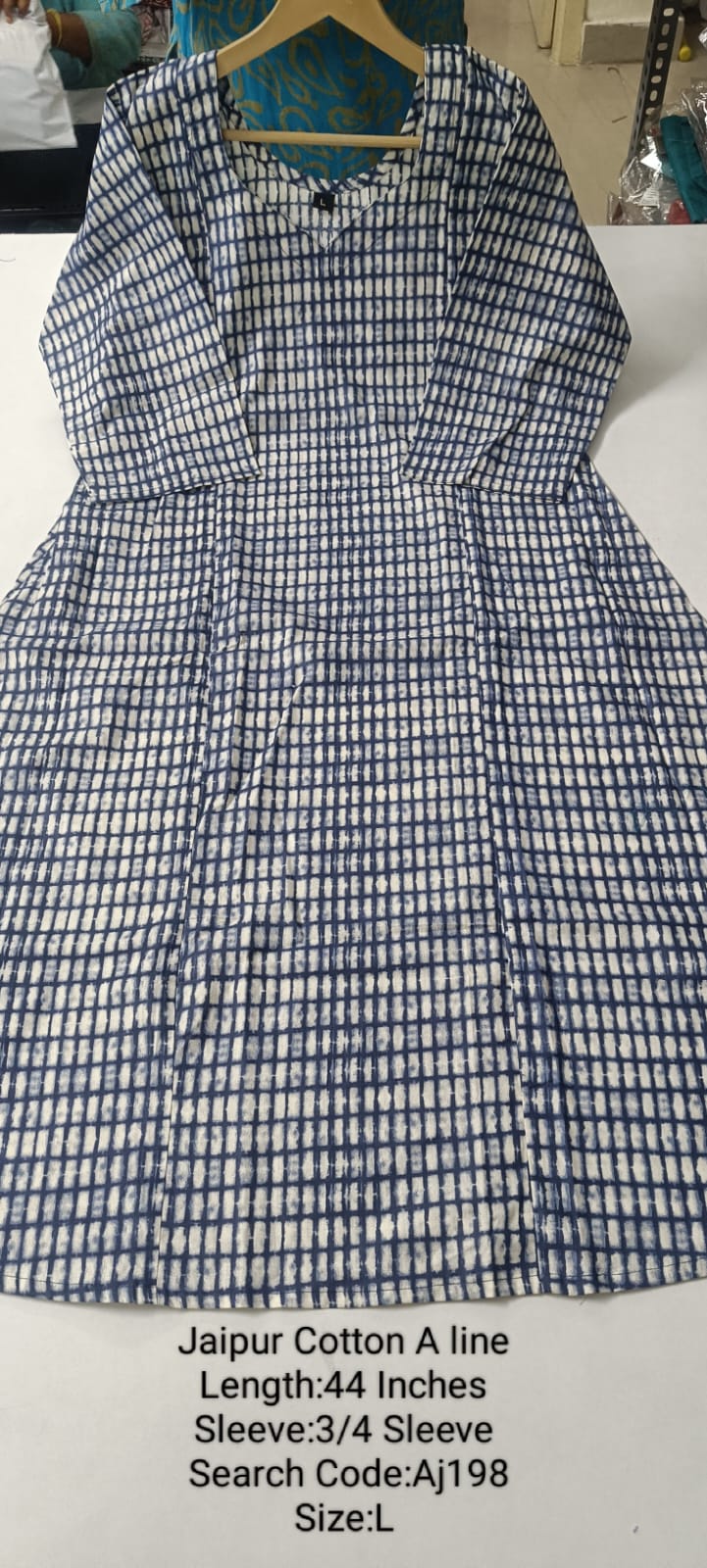 Ink Blue Jaipur Cotton A-Line  Kurtis - AJ198
