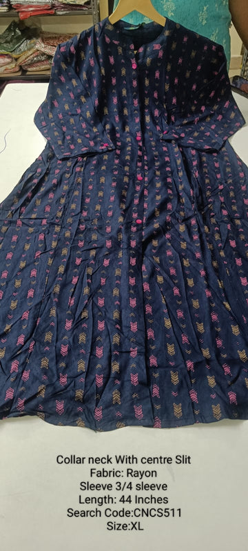 Ink Blue  Rayon A-Line Collar Neck Centre Slit  Kurtis -CNCS511
