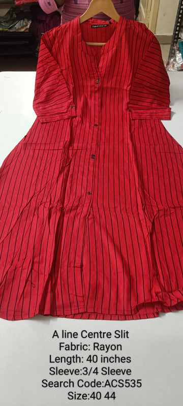 Red  Rayon A-Line Centre Slit  Kurtis -ACS535