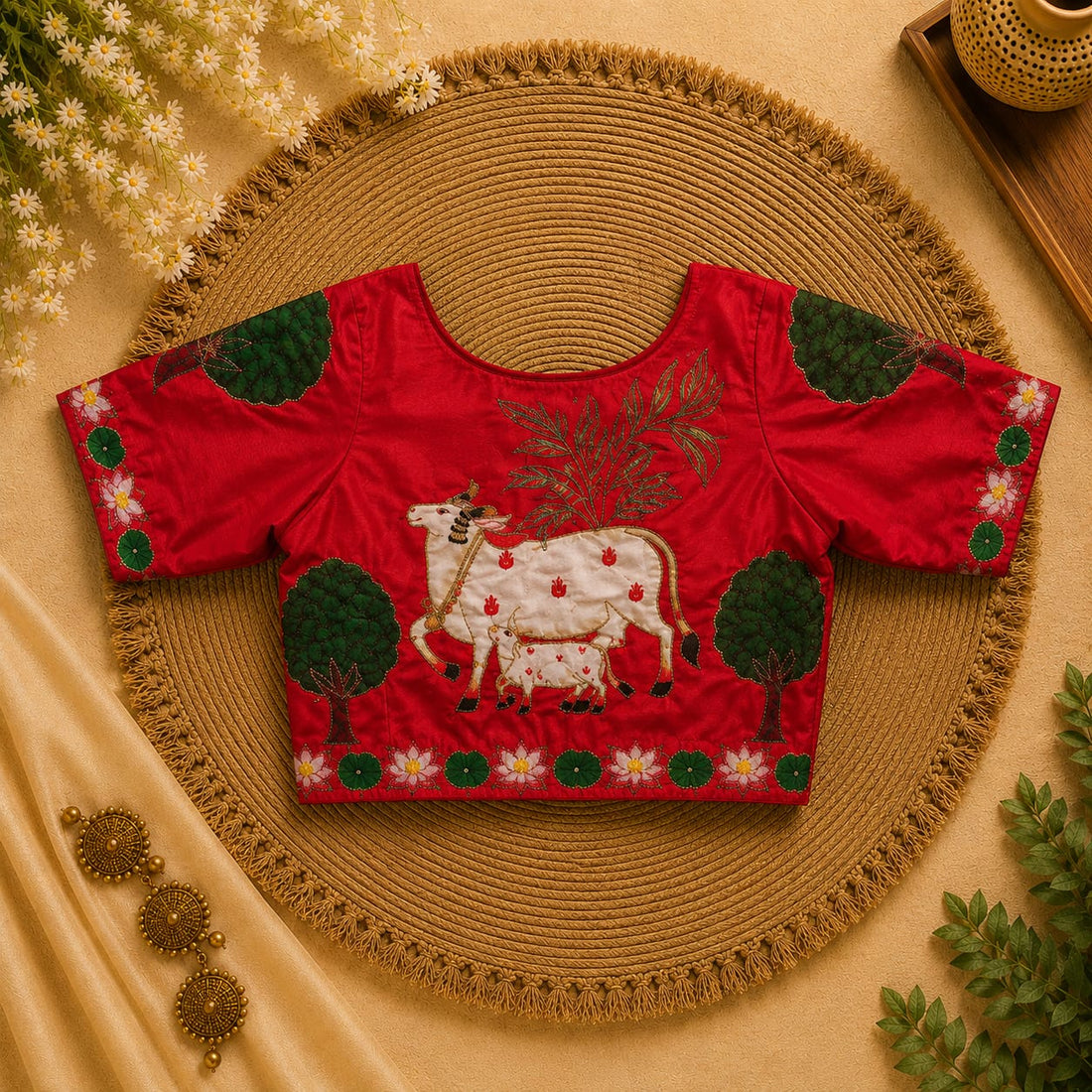 Red Silk Cotton Classy Hand Work Blouse -CHB002