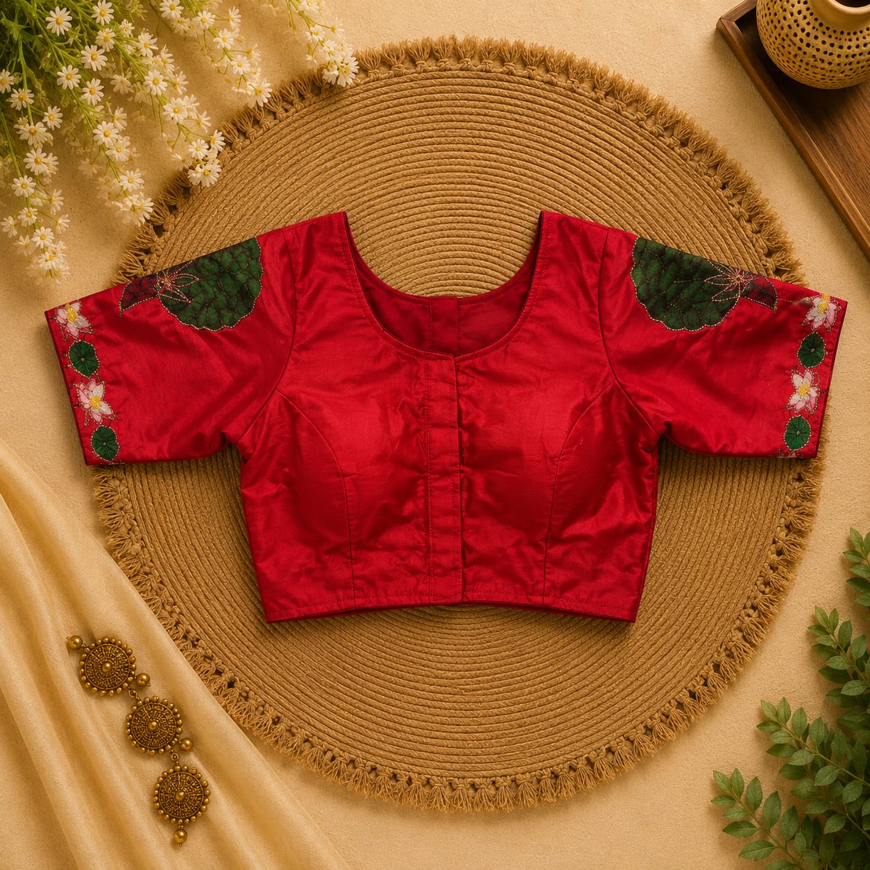 Red Silk Cotton Classy Hand Work Blouse -CHB002