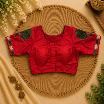 Red Silk Cotton Classy Hand Work Blouse -CHB002