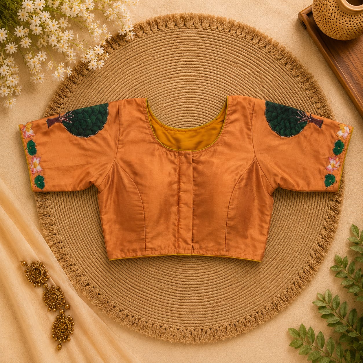 Mustard Silk Cotton Classy Hand Work Blouse -CHB003