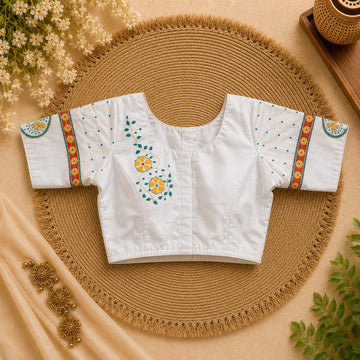 White Silk Cotton Classy Hand Work Blouse -CHB004
