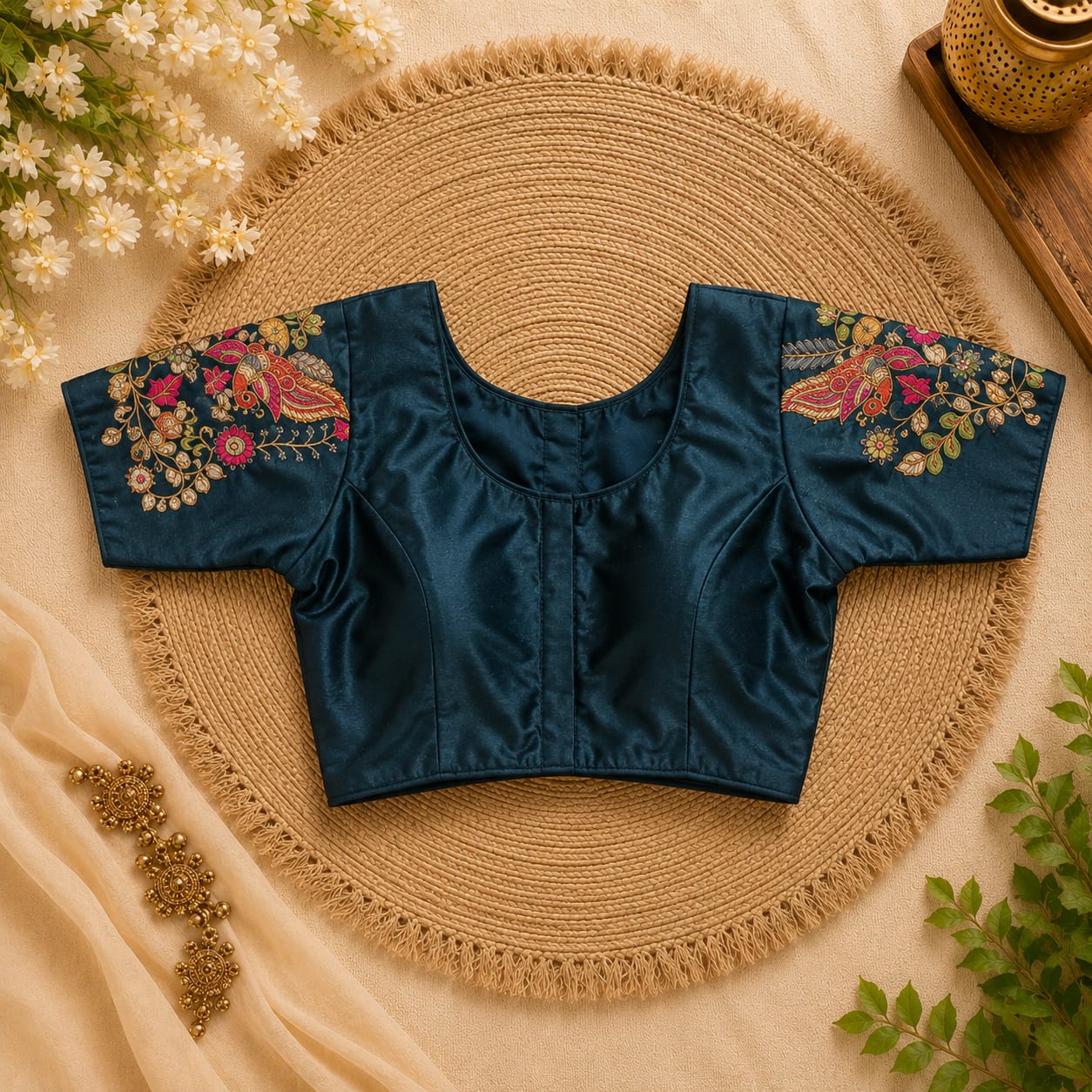Bottle Green  Silk Cotton Classy Hand Work Blouse -CHB006