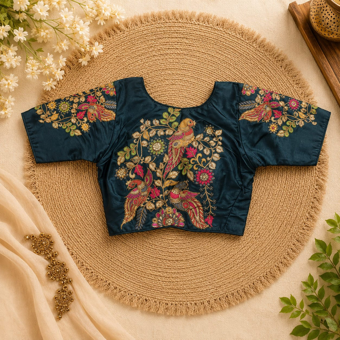 Bottle Green  Silk Cotton Classy Hand Work Blouse -CHB006