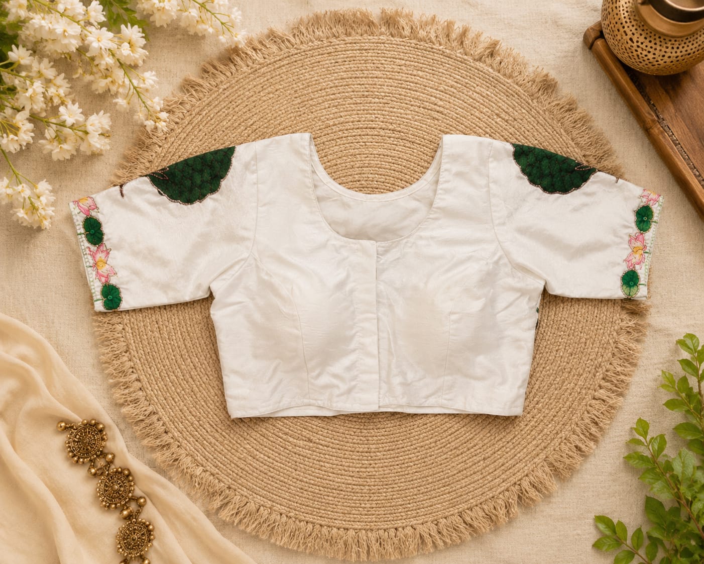 White Silk Cotton Classy Hand Work Blouse -CHB007