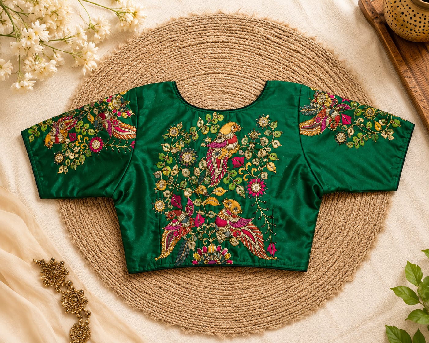 Green Silk Cotton Classy Hand Work Blouse -CHB008
