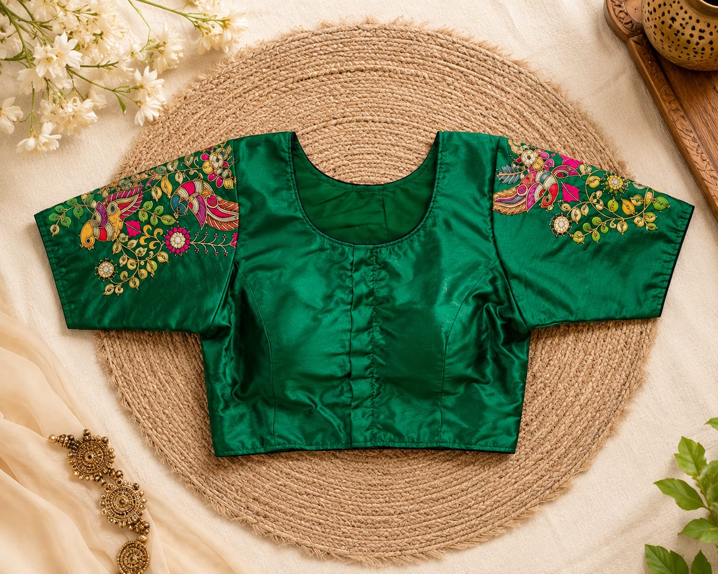 Green Silk Cotton Classy Hand Work Blouse -CHB008