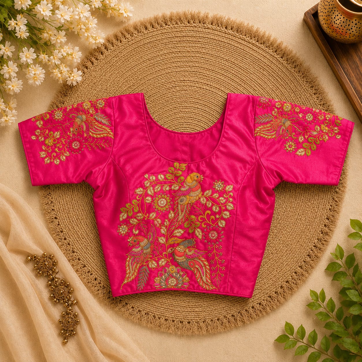 Rani Pink Silk Cotton Classy Hand Work Blouse -CHB009