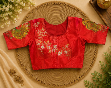 Red Silk Cotton Classy Hand Work Blouse -CHB010