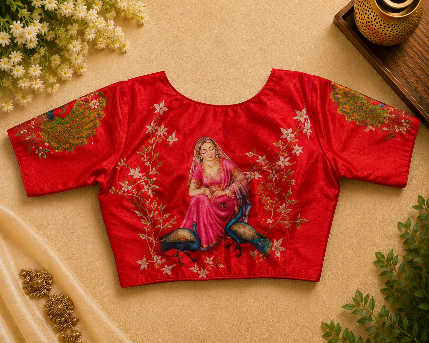 Red Silk Cotton Classy Hand Work Blouse -CHB010