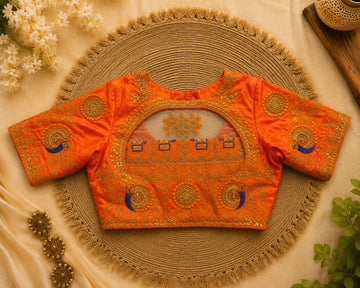 Orange Silk Cotton Aari work Machine Embroidery Bridal Blouse - EAWB017