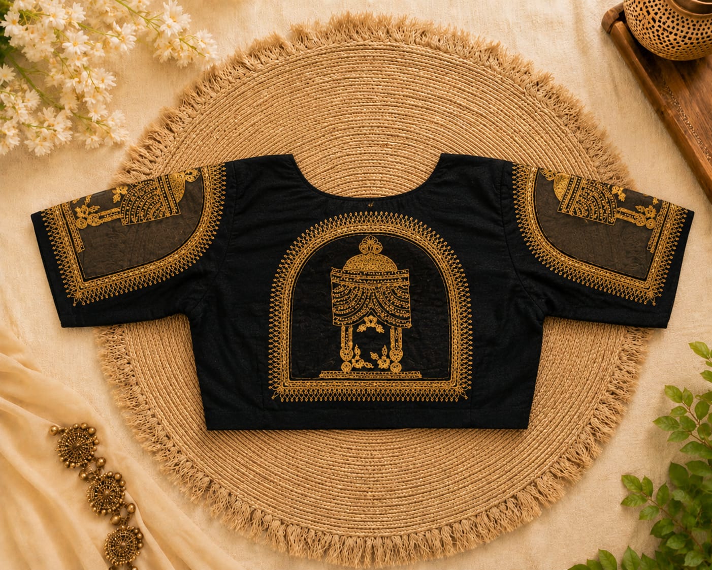 Black Silk Cotton Aari work Machine Embroidery Bridal Blouse - AWB220