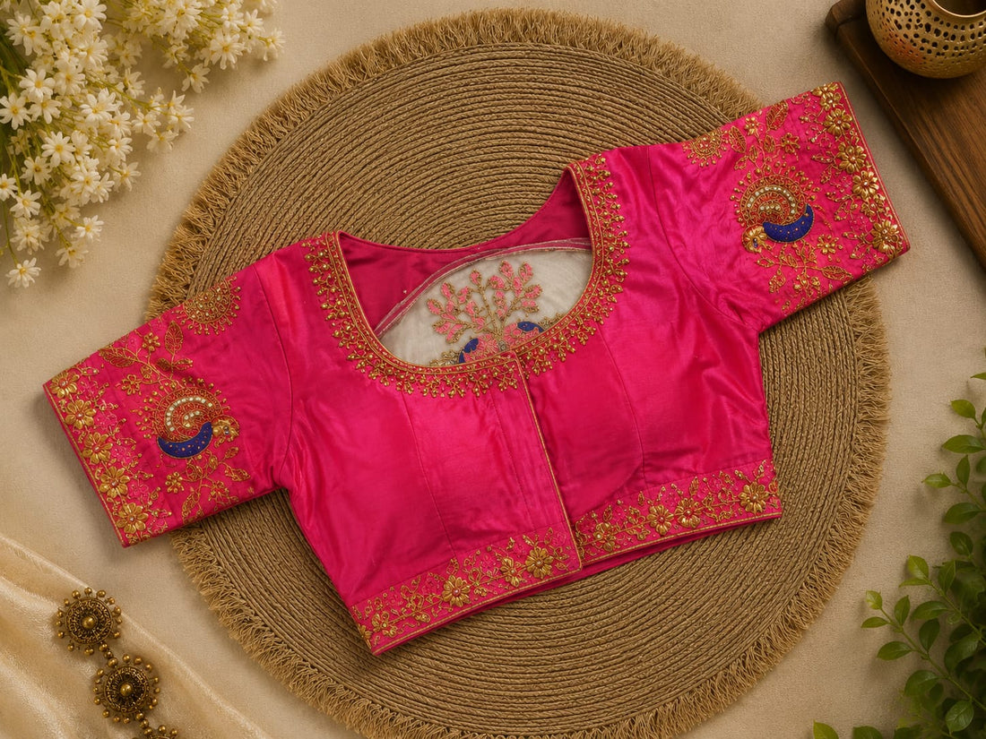 Pink Silk Cotton Aari work Machine Embroidery Bridal Blouse - EAWB019