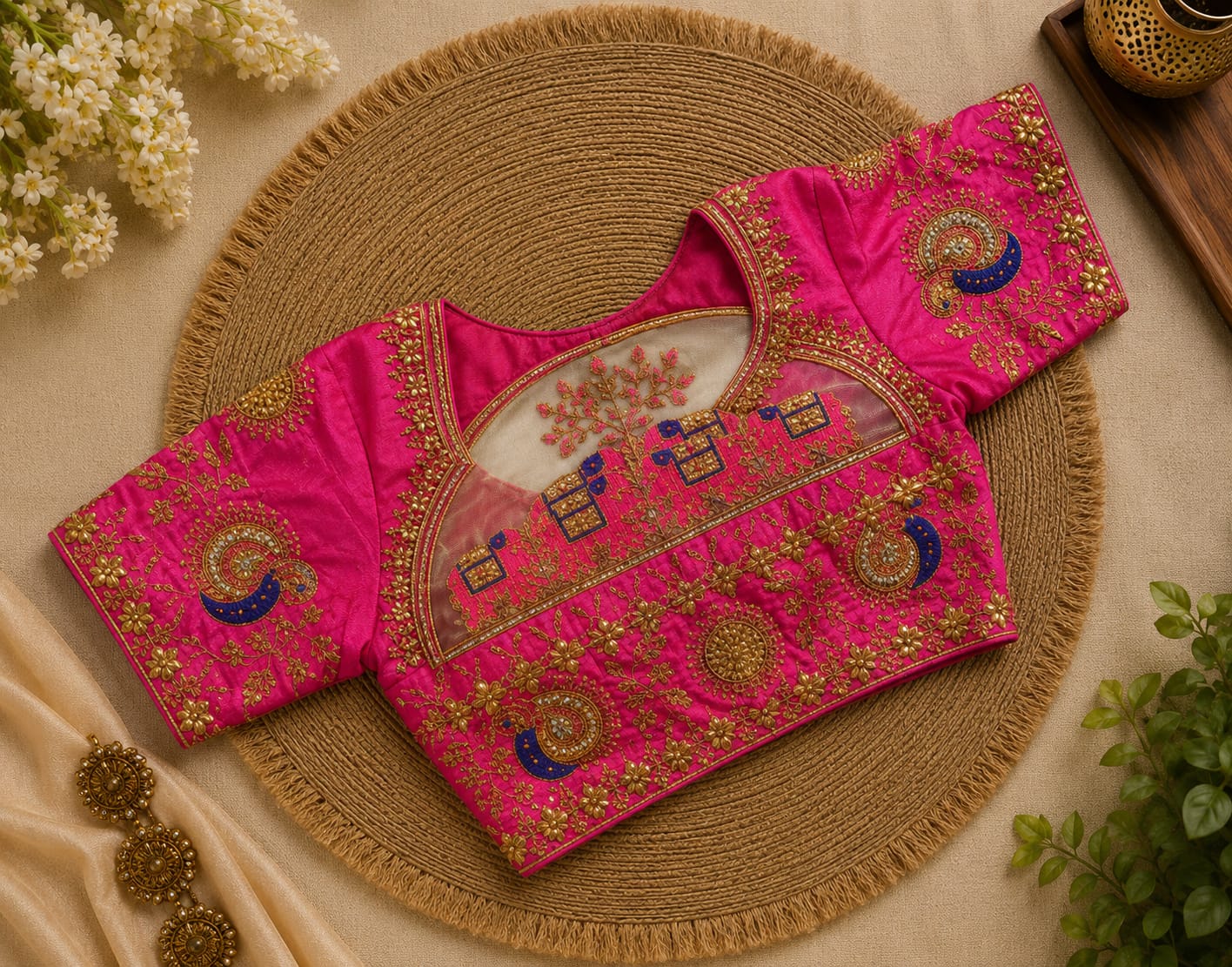 Pink Silk Cotton Aari work Machine Embroidery Bridal Blouse - EAWB019