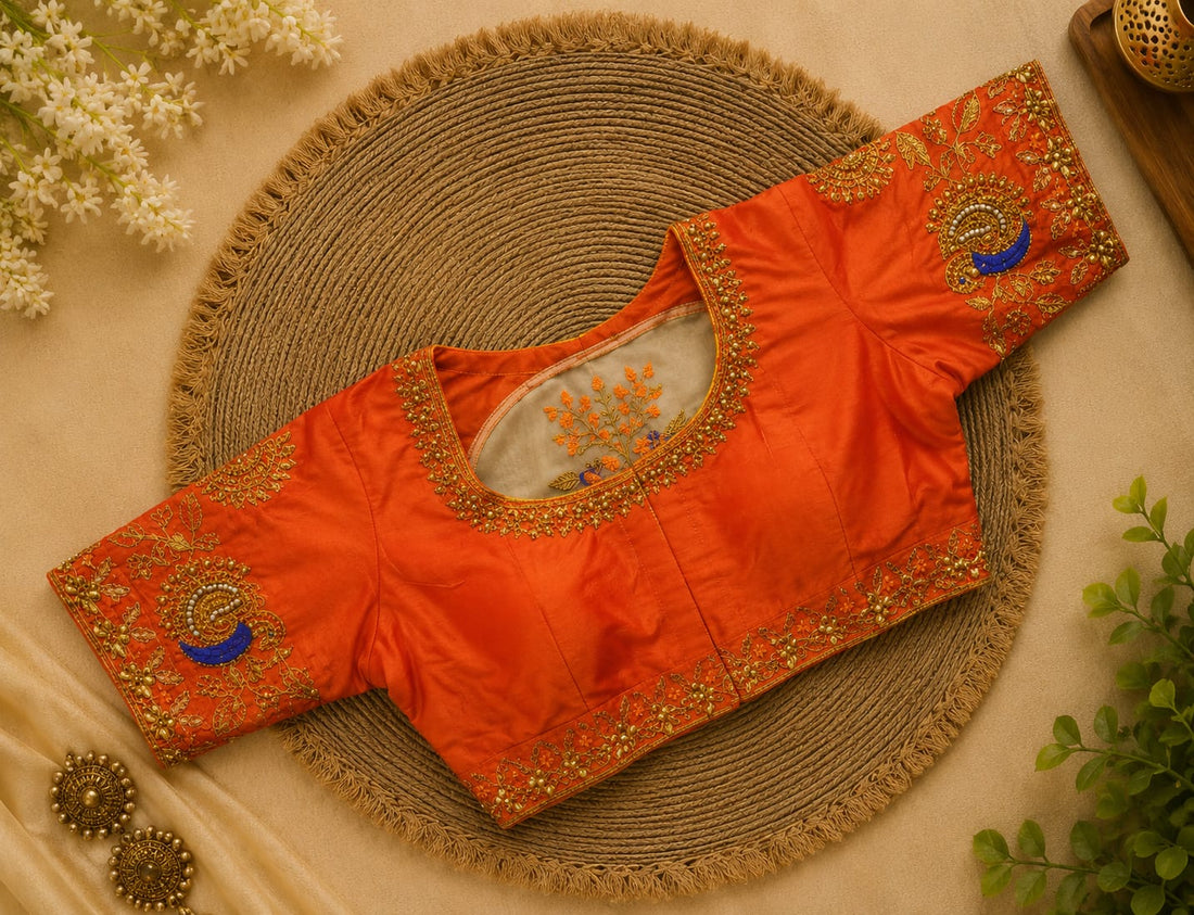 Orange Silk Cotton Aari work Machine Embroidery Bridal Blouse - EAWB017