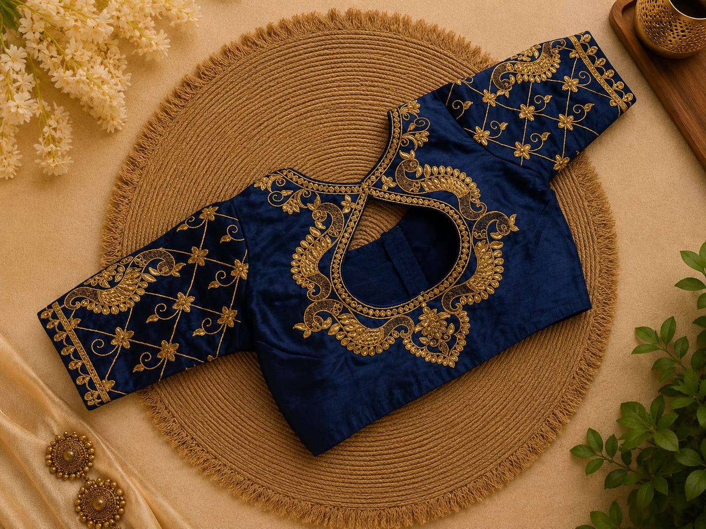 Navy Blue Silk Cotton Aari work Machine Embroidery Bridal Blouse - AWB239